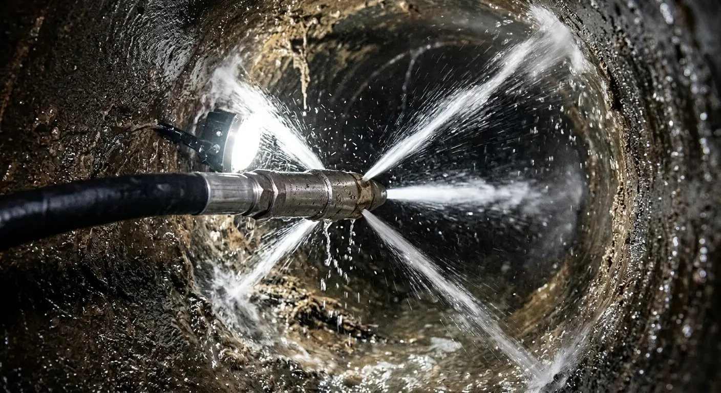 High-pressure hydro jetting nozzle cleaning sewer pipe for Emergency Drain Service in Wilmington