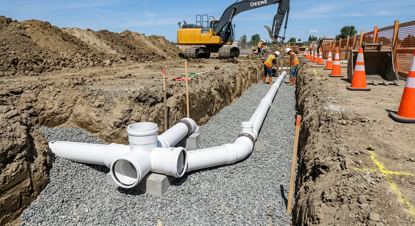 New PVC sewer pipe installation in open trench for Sewer Backup in Wilmington